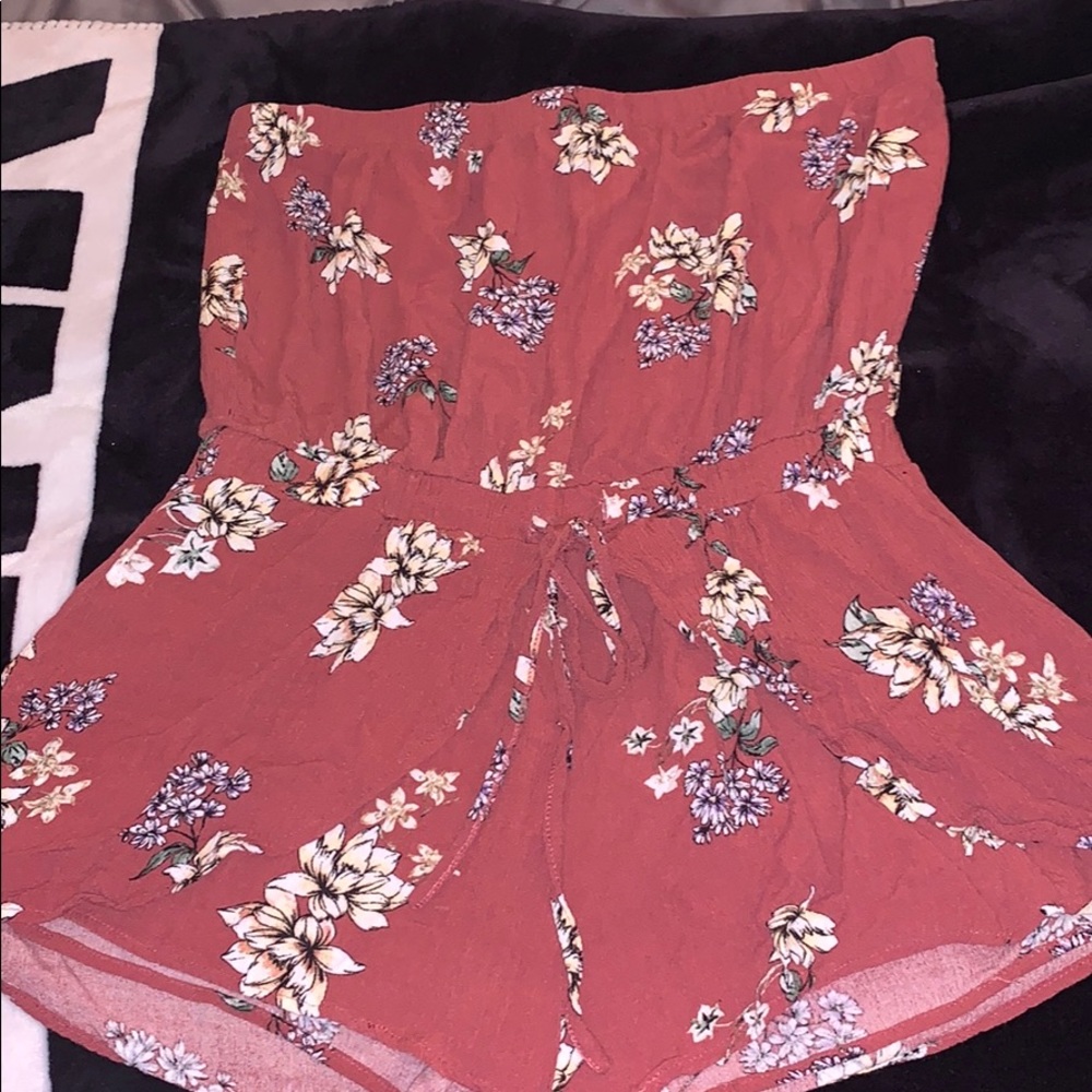 Pink strapless floral romper